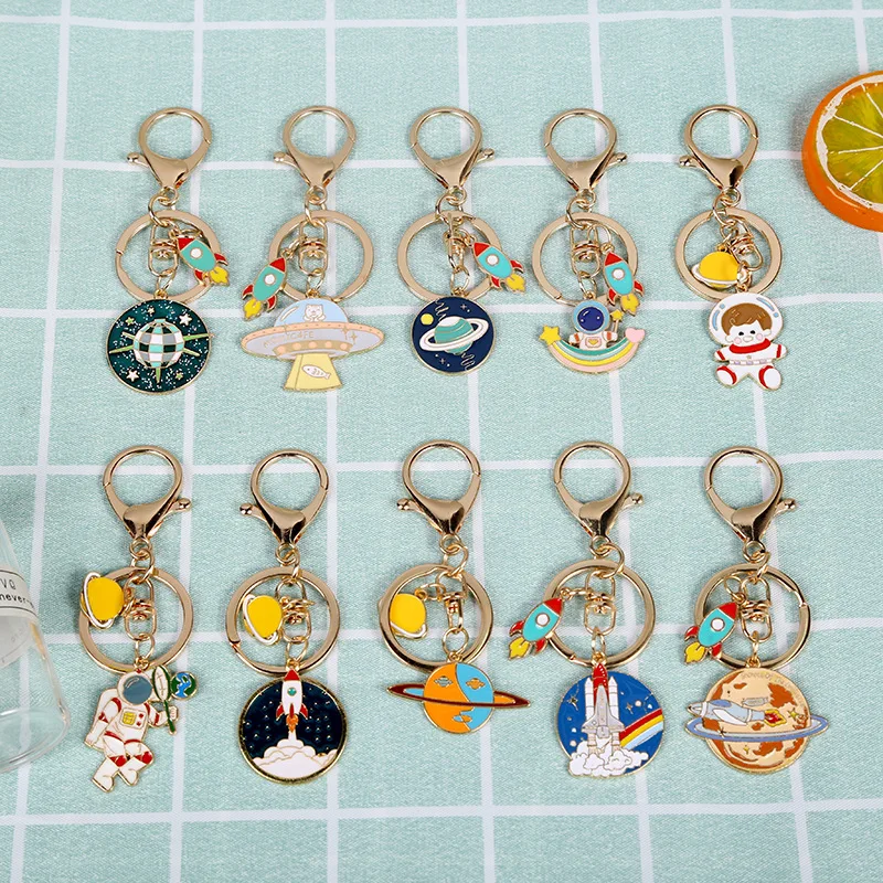 Cartoon UFO Space Craft Astronaut Rocket Planet Spaceman Universe Star Plane Key Ring Keychain For astrophile Bag Charms