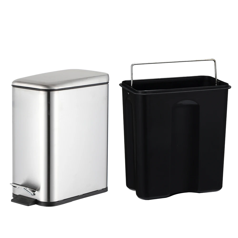 high quality modern design stainless steel 5L silver soft close slim lid square foot pedal trash can