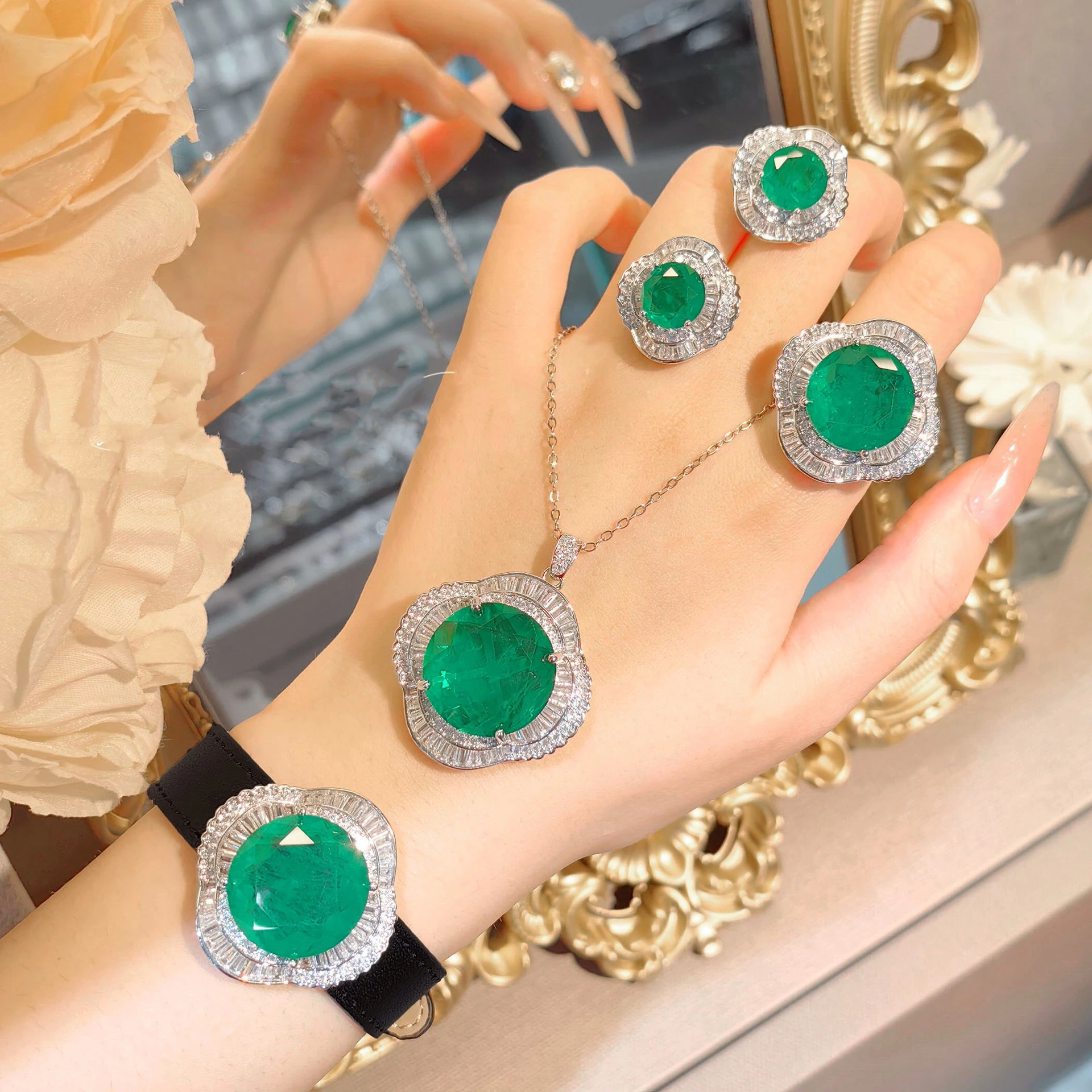 New Colored stone Ice out high-grade necklace high carbon diamond simulation emerald pendant earrings ring bracelet jewelry set