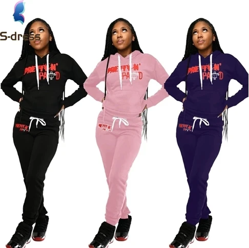 KAL226 Winter Thick Offset Letter Printing 3 Colours Long Sleeve Hoodie Women Crop Top Sport Set Sweater Jogging Suit