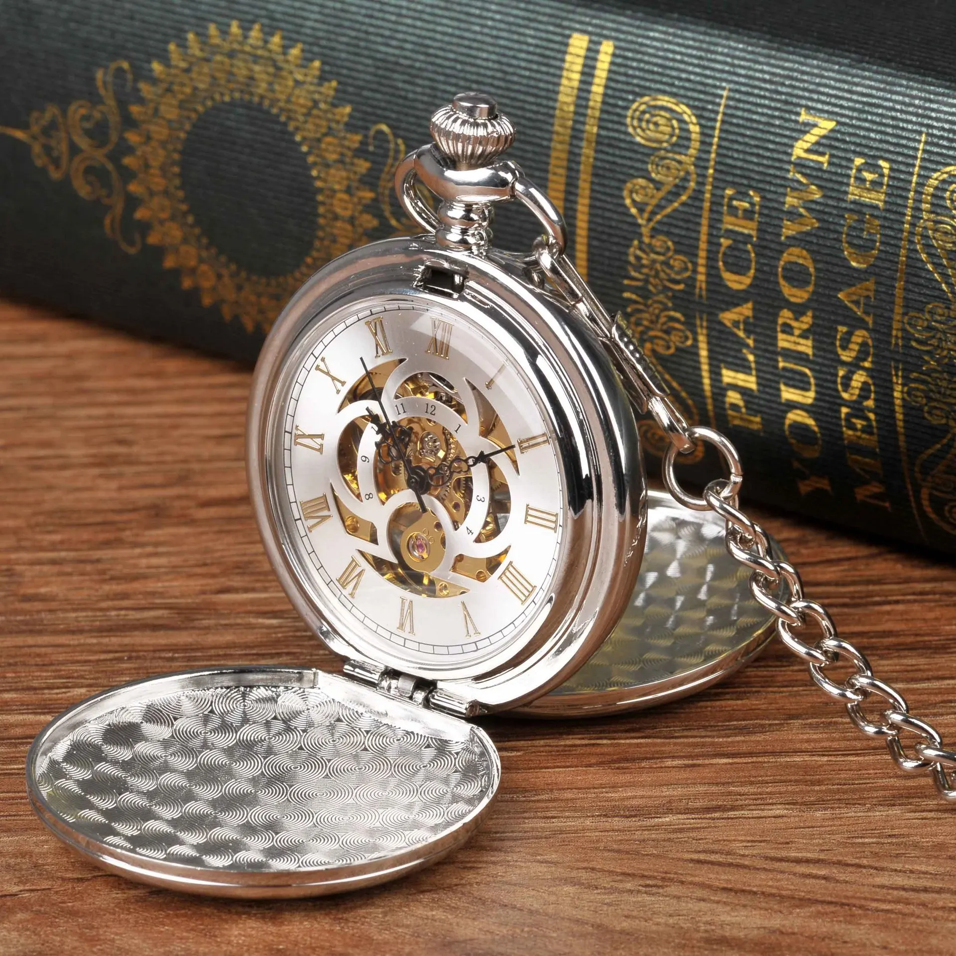 Classic Mechanical Pocket Watch for men Roman Numerals Double Open Smooth Case Pocket Watch Vintage Mechanical Pocket Watches