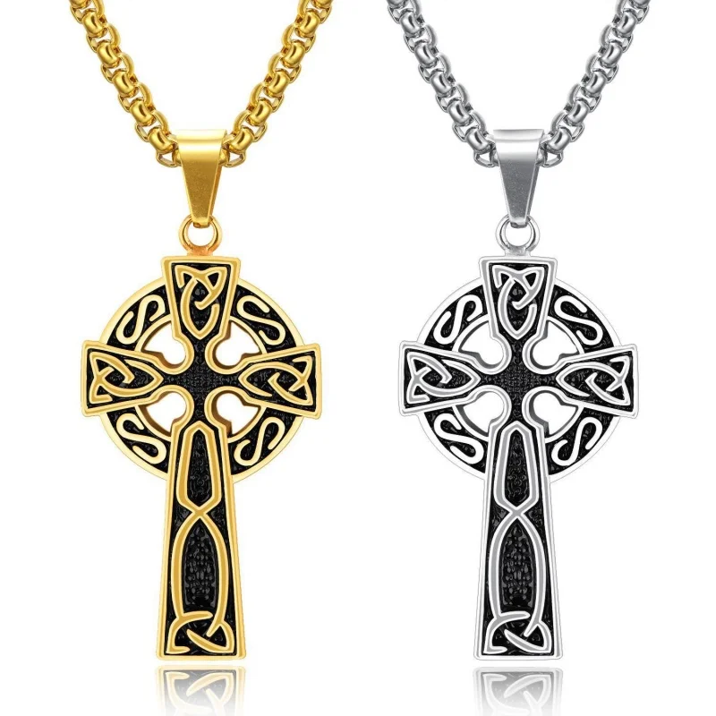 Vintage Celtic Cross Necklace Ireland Mens Engraved Necklaces Stainless Steel AmuletJewelry