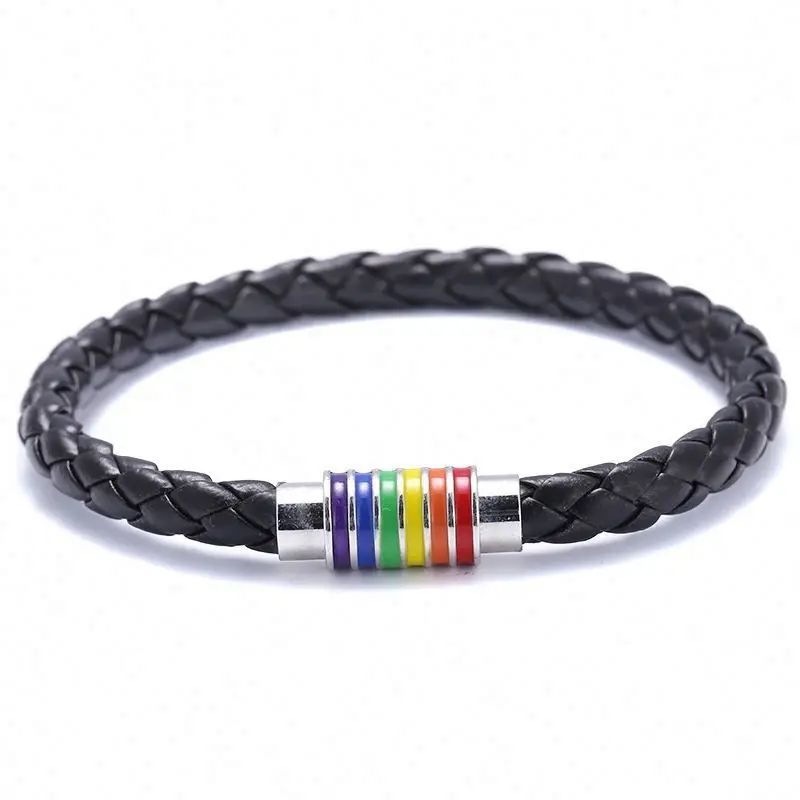 Handmade Rainbow Lesbian Pride Bracelet Gay Braided Leather Bracelet Friendship Magnetic Bracelet Wristlet Gift