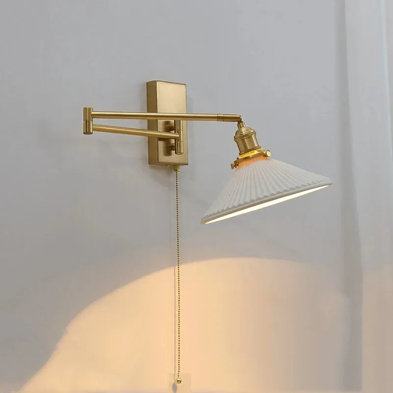 Nordic Modern LED Wall Sconce Rotate Pull Chain Switch Bedroom Restaurant Bar Beside Lamp Ceramic Wall Light