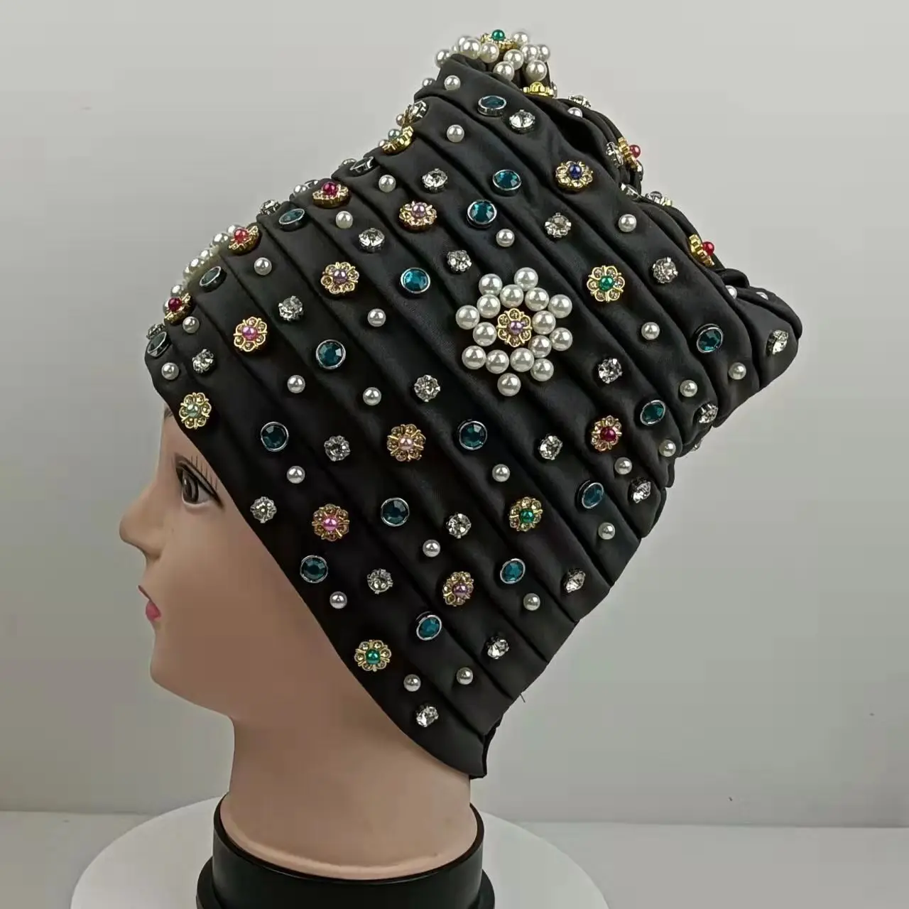 New arrival African luxury beaded pearl full crystal Muslim turban beanie bonnet female hats for women