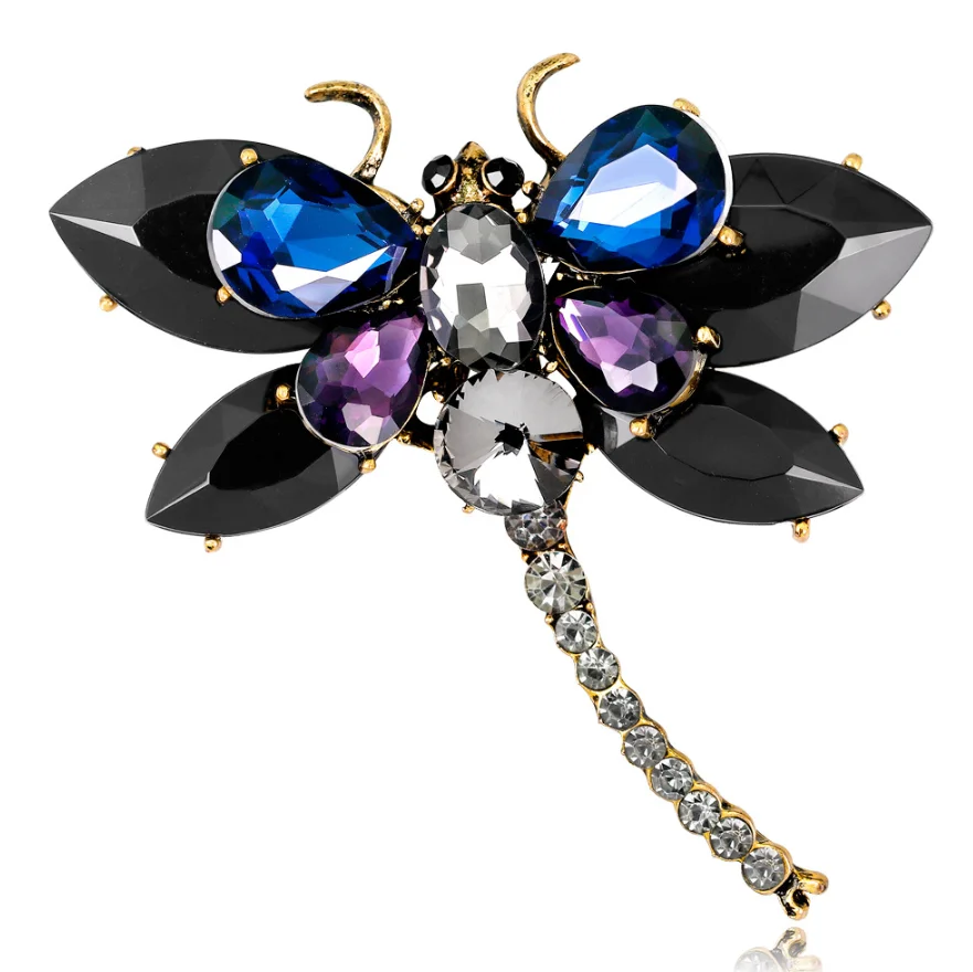 
Amazon Hot selling fashion tempered alloy rhinestone glass crystal awesome colored gemstone insect dragonfly brooch for women 