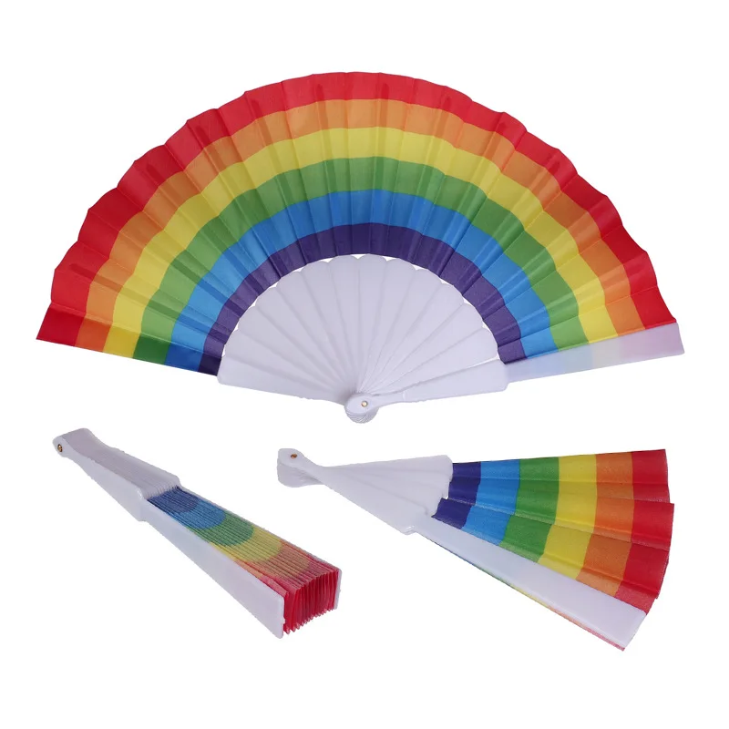 Hot sale rainbow fan plastic ribs hand fan rainbow plastic fan