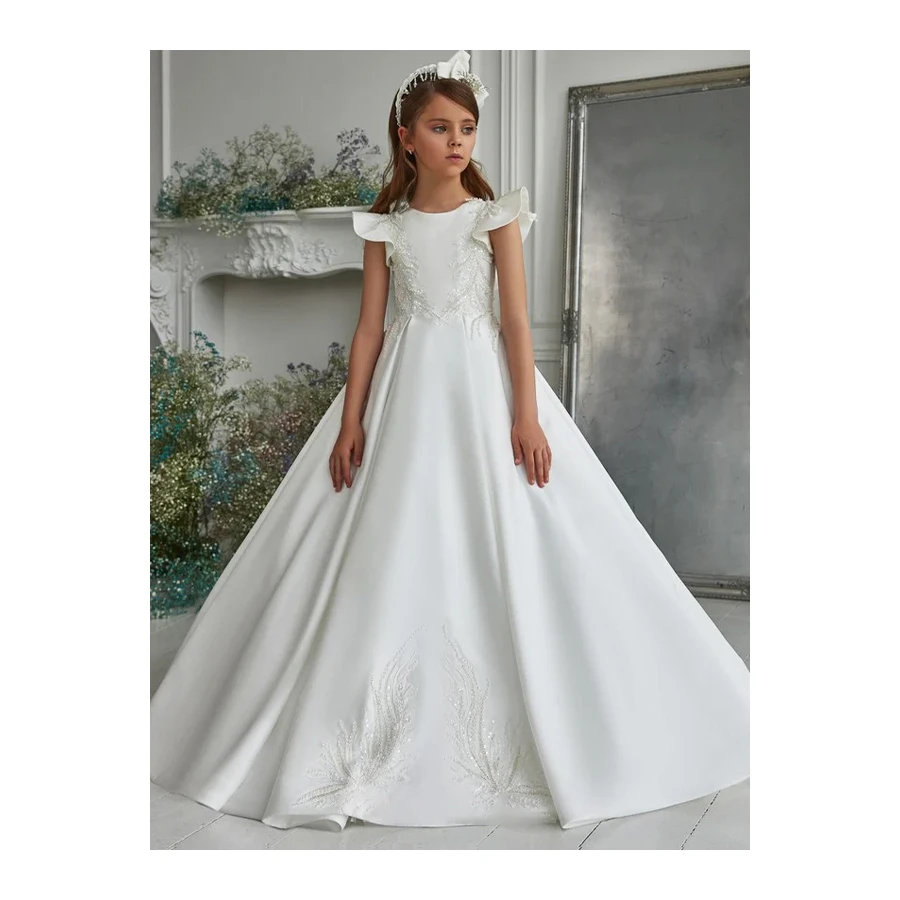 Белое атласное платье Yalindars с цветочным принтом оборками и рукавами-колпачками аппликацией из бисера для первого причастия