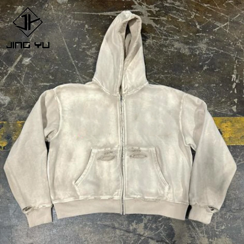 wholesale high quality blank heavyweight 500gsm sunfaded hoodie vintage distressed french terry acid wash zip up hoodie