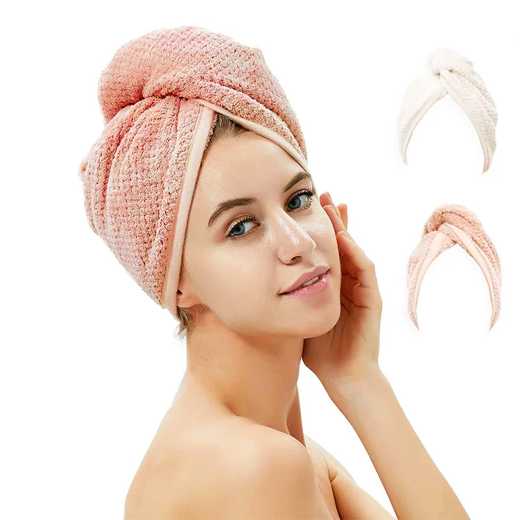 Coral Fleece Microfiber Rapid Dry Hair Drying Turban Ultra Absorbent Quick Drying Hair Dry  With Button