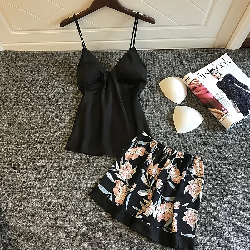 Home Suit Silk Pajamas for Women Floral Lounge Wear Pijama Summer Pyjamas Satin Sleepwear V-Neck 2 Piece Sets