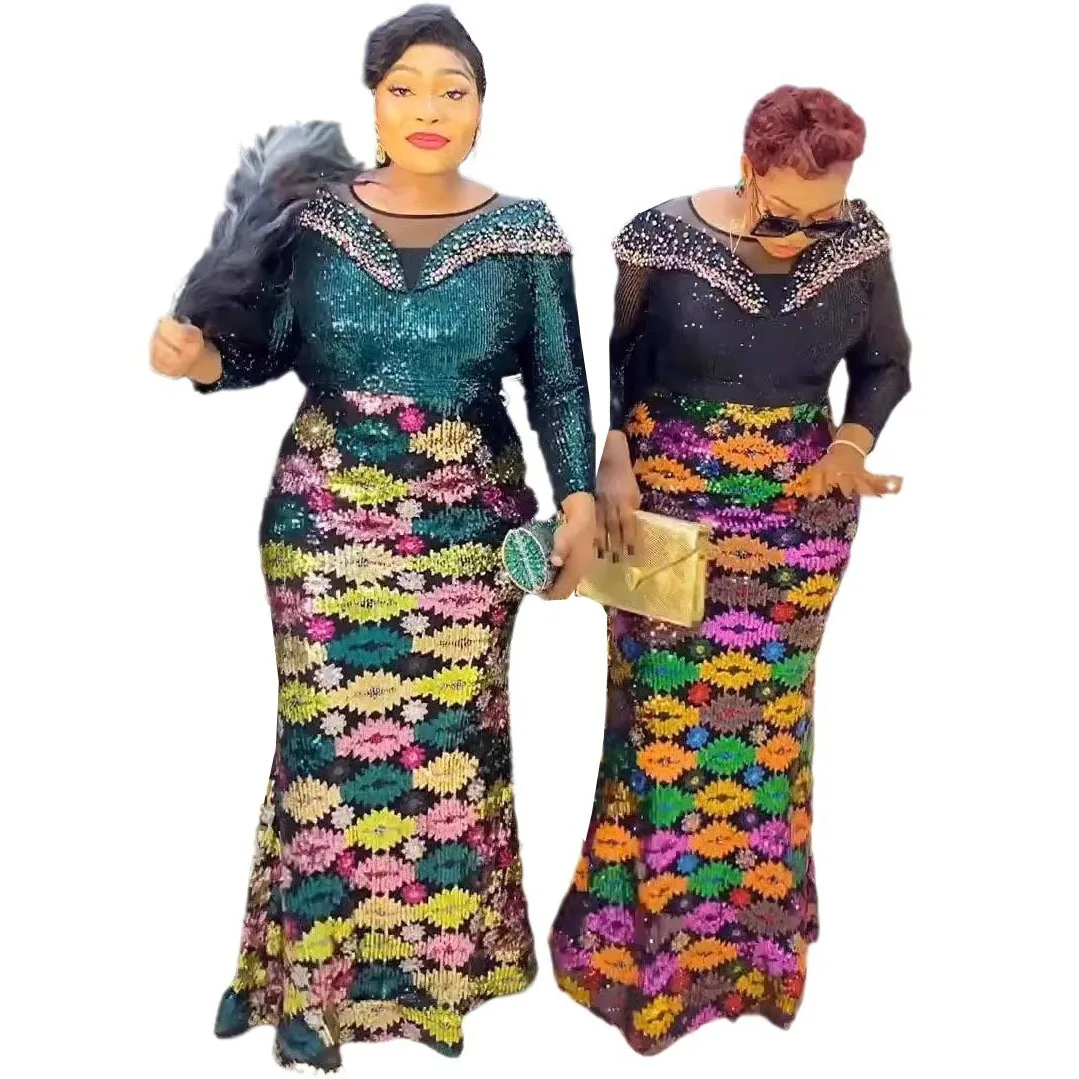 African Elegant Lovely Shining Colorful Sequin Bodycon Dress Ankara Lady Maxi Dresses For Women K0561