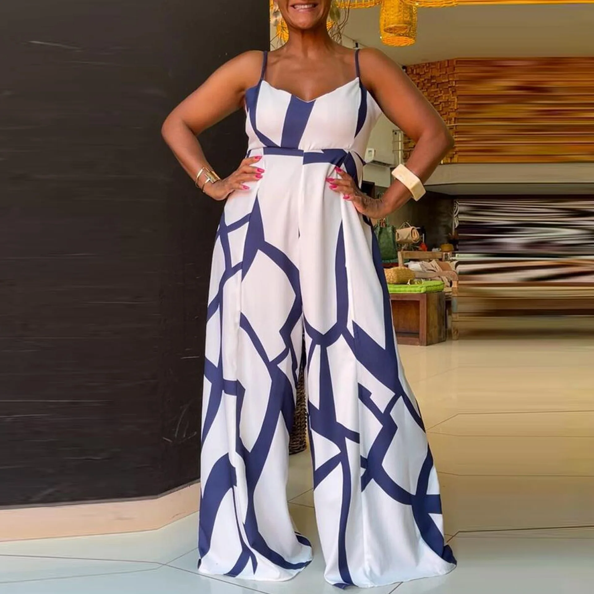 ZIYA A07L91 Printed Large Strap Hollow Waist Wide Leg Women Striped Jumpsuit