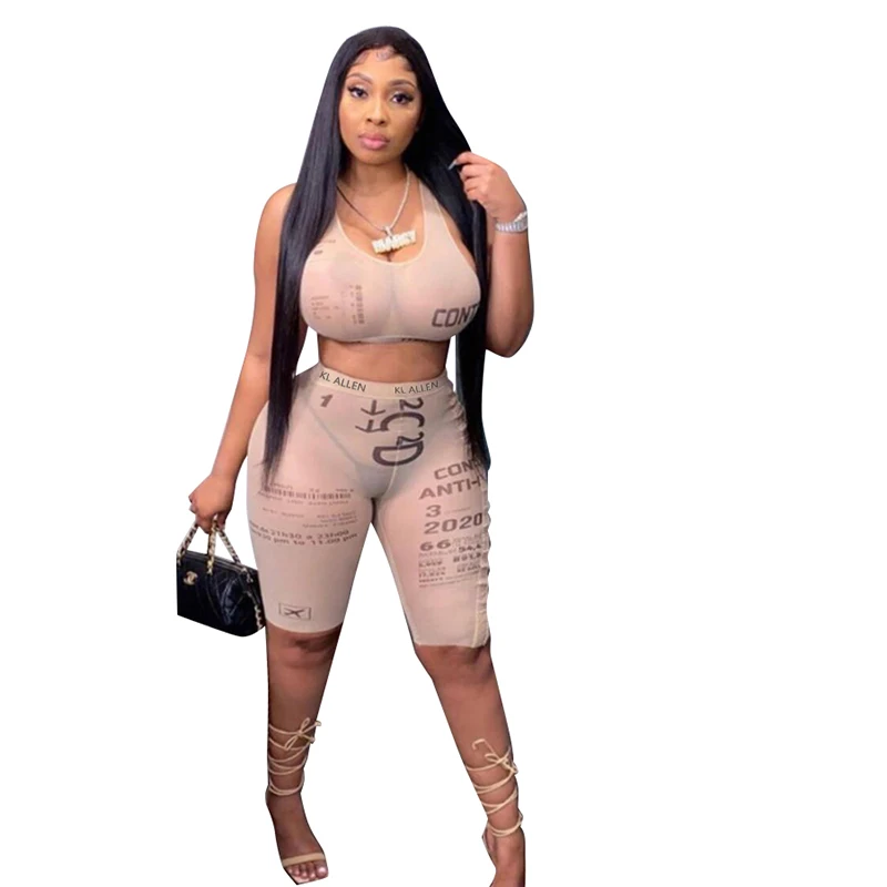 K20S10910 Cropped Halter Top And High Waist Shorts Casual Skinny Slim Co-ord Set Spring Letter Printed Two Piece Sets Women