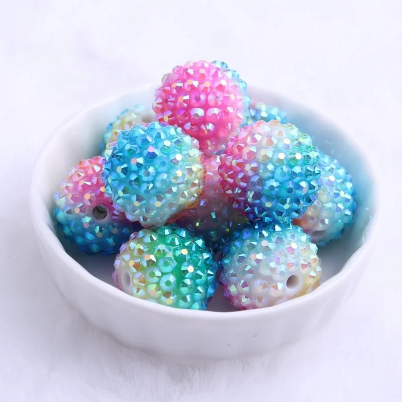 Wholesales Rainbow Color  Colorful Beaded Chunky Necklace Jewelry 20mm Stock  Resin Rhinestone Ball Bead