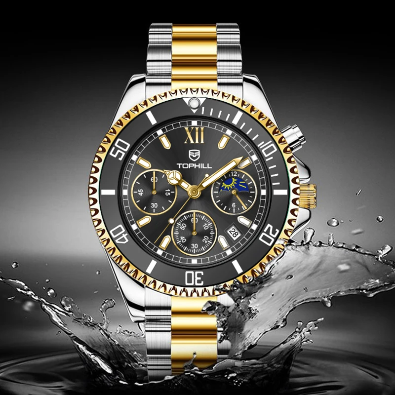 Tophill Classic Vintage Green Water Ghost Dial Multifunctional Movement Stainless Steel Straps Custom Cool Mens Quartz Watches