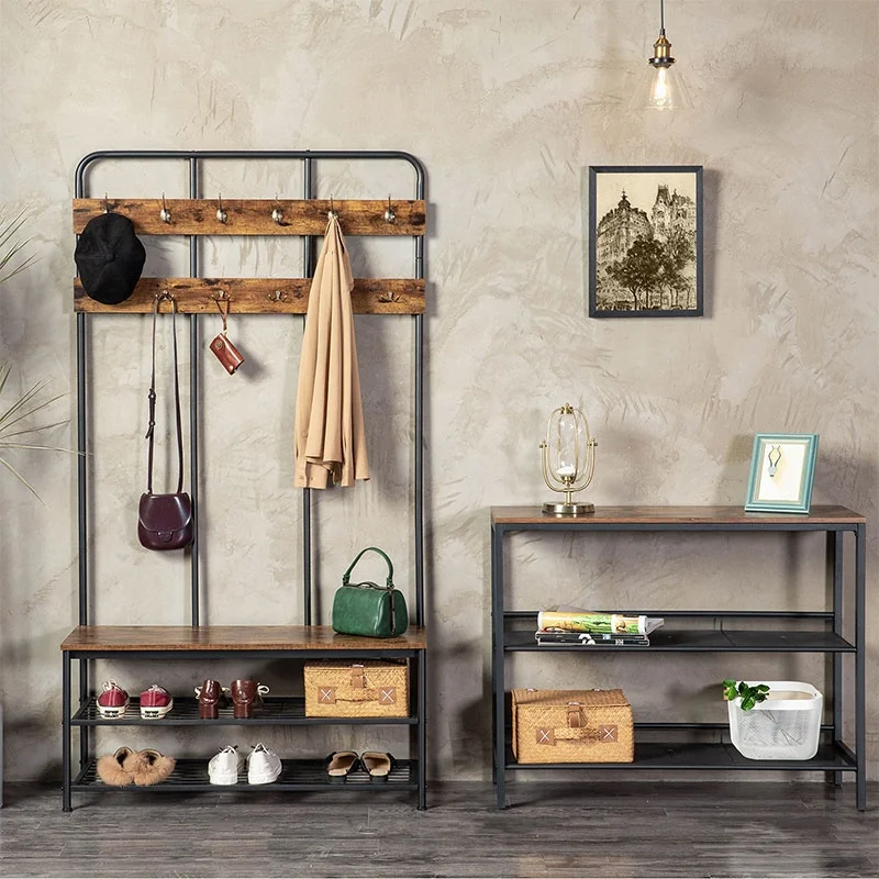 Multifunctional Entryway Storage Shelf stand hall tree coat rack wood with 12 Hooks, Wood Look Accent Furniture with hall tree