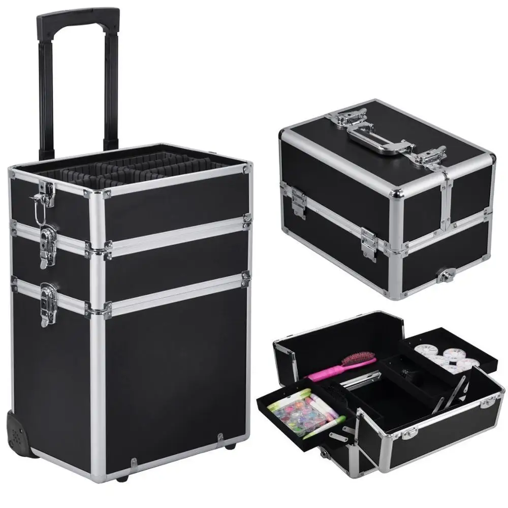 4 in 1 Vanity Makeup Beauty Cosmetic Case Beauty Nail Hairdressing Trolley Case Large Capacity Trolley Makeup Box