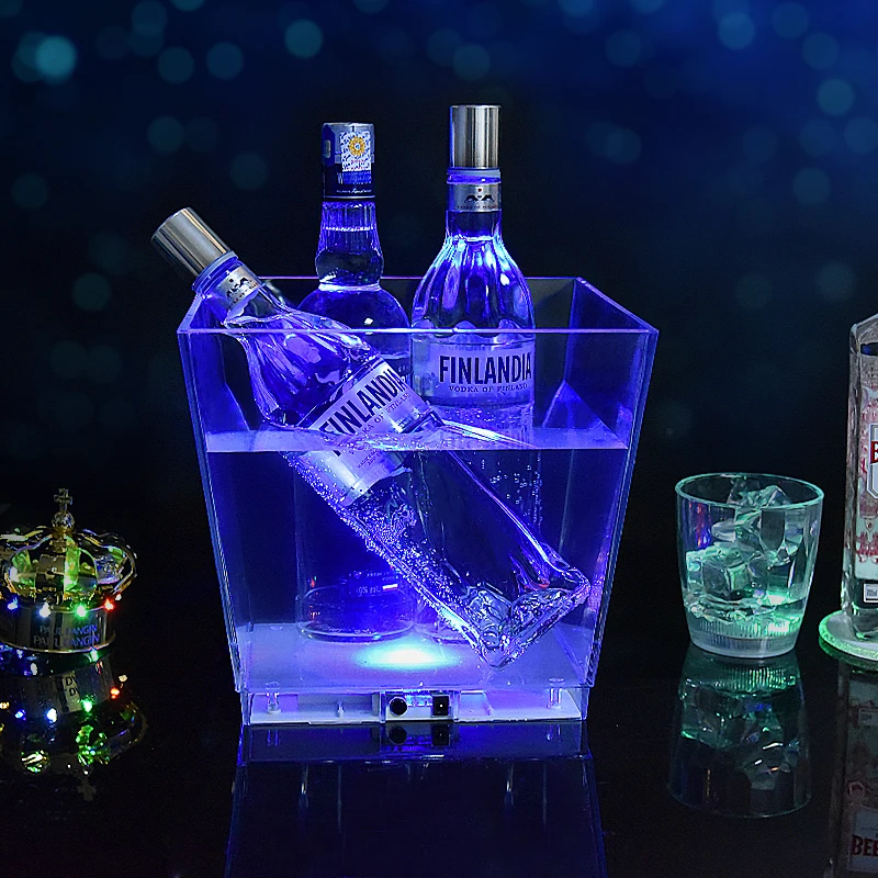 Promotional square shape logo color customized clear rechargeable 10L beer vodka LED  ice bucket Bar Wine Bottle cooler