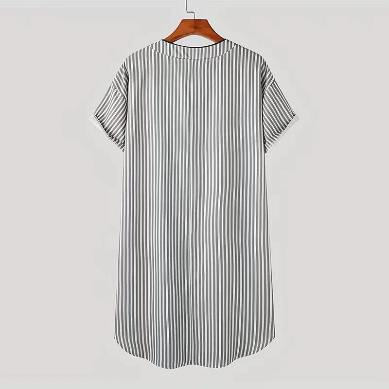 2024 new style men summer spring wear pajamas turkey Muslim sleepwear striped printed Deep V neck button loose  long sleep shirt