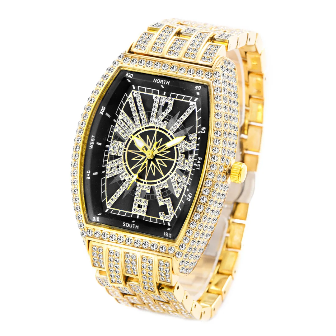 Ice Out Watch Men Hip Hop Luxury Diamond Black Face Quartz Watches For Male Large Tonneau Waterproof Hand Clock