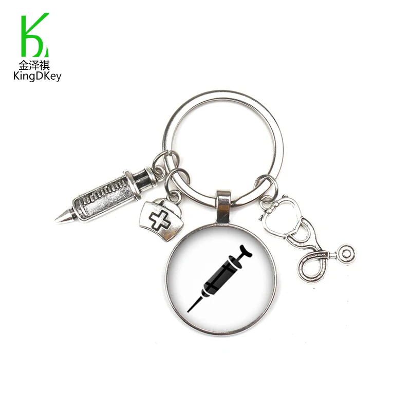 creative nurse medical keyring New fashion syringe stethoscope image keyholder glass cabochon and glass dome keychain