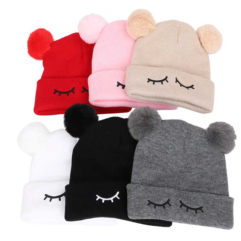 Custom Embroidered Winter Pom Pom Toddler Baby Kids Knitted Beanies Hat