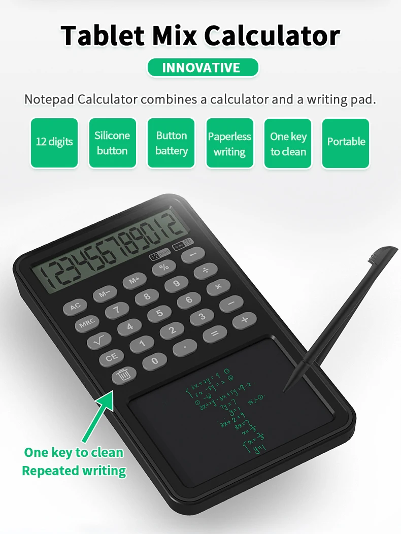 12 Digit Display Calculator Notepad LCD Writing Tablet Drawing Board with Stylus Pen Erase Button Lock for Office Students