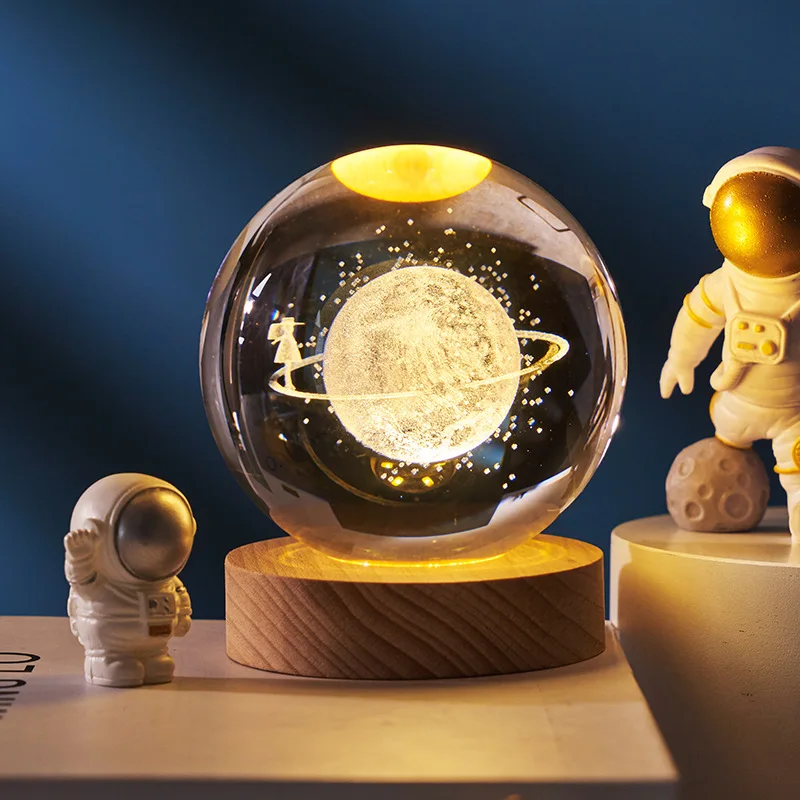 Moon Planet Globe 3D Crystal Ball Laser Engraved Solar System Ball With Touch Switch LED Light Base Astronomy Gift