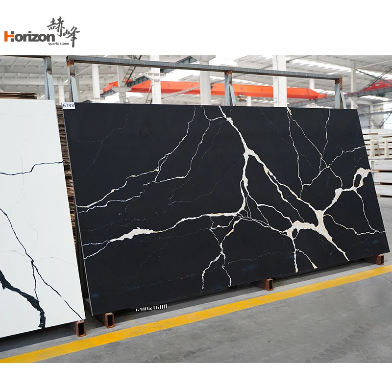 2024 Horizon wholesale black calacatta quartz slab countertop artificial stone material spain quartz stone slab