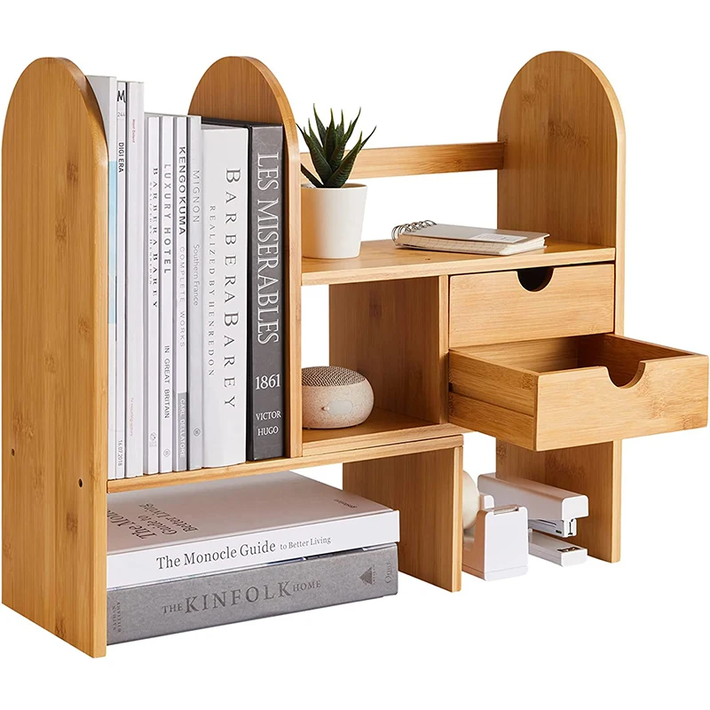 Expandable Natural Display Home Desk Decor Bamboo Desktop Bookshelf Organizer Adjustable Office Shelves Storage Rack