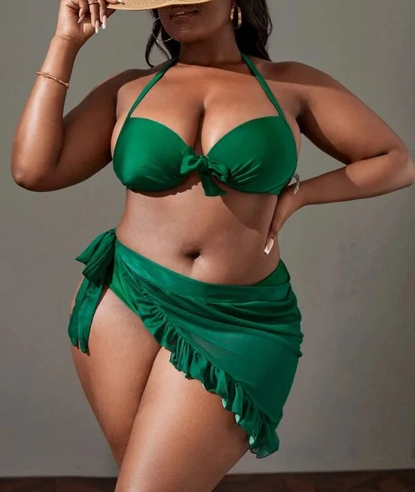 2022 Plus Size Push Up Bikini Set Swimsuit With Beach Skirt Ruffle Hem Three Pieces Swimwear