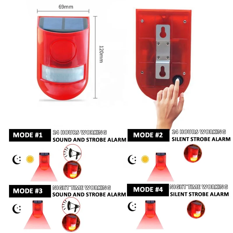 Solar Powered Infrared Motion Sensor Detector Siren Strobe Alarm System 110db Loud for Home Yard Outdoor Security Waterproof LED