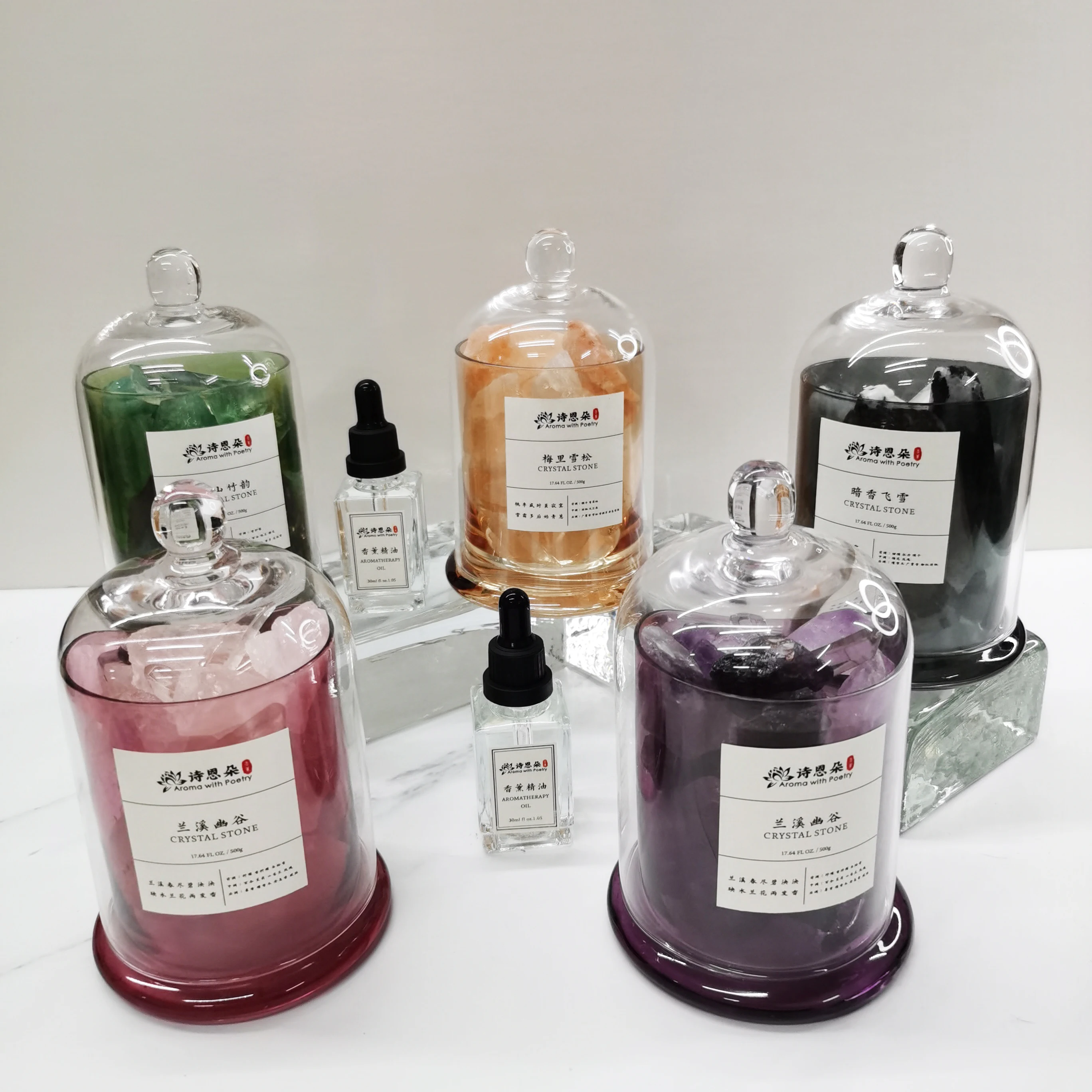 Essential oil fragrant scented incense stone in transparent glass jar with natural essential oil