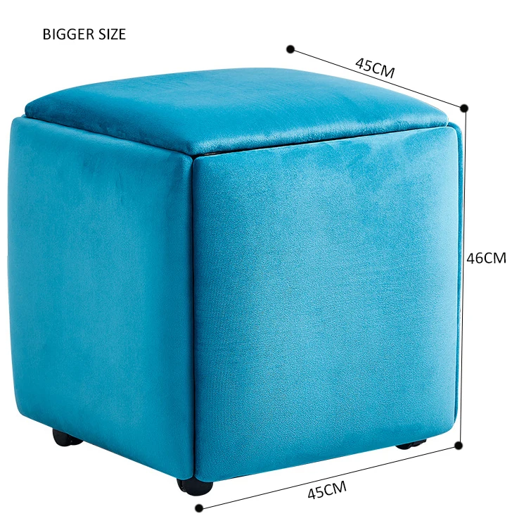 HOMEMORE 5 in 1 organized modern square small telescopic padded velvet leather box ottoman wheel stool for living room