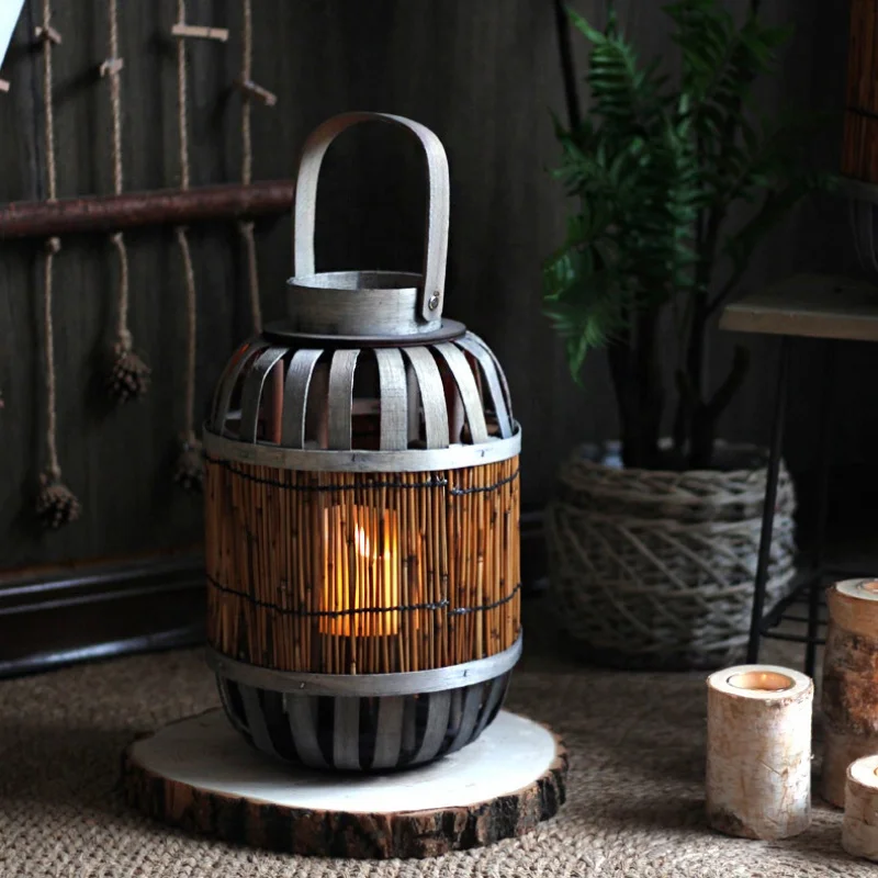 Wooden Striped Bamboo Lantern with LED Flameless Candle Indoor Wind Lantern
