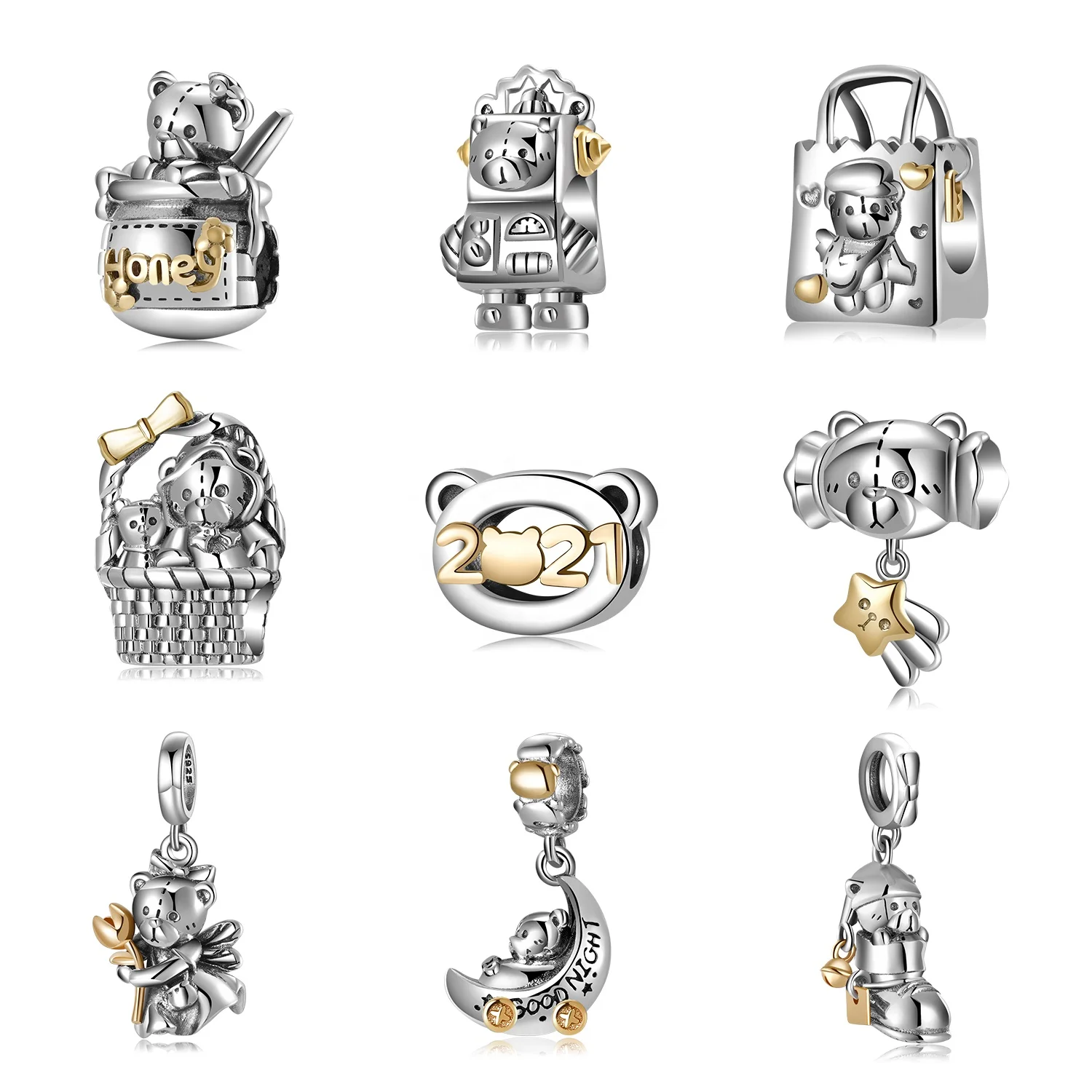 Real 14K Gold Bear Charms 925 Silver Beads Cute Bear series Fine Pendant Beads Fit Original Women Charm Bracelet DIY Jewelry