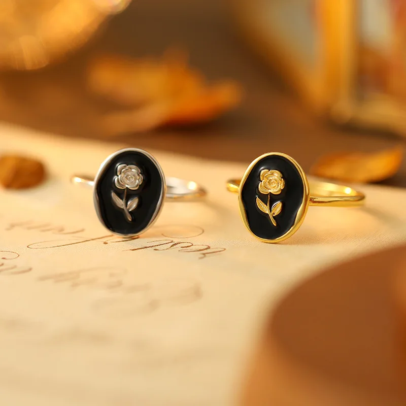 French Premium Black Drip Glaze Rose Ring S925 Silver Metallic Vintage Flower Ring for Women Fine Jewelry Rings