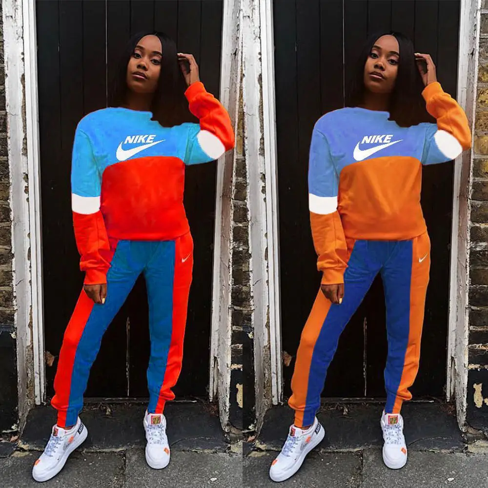 Hot Sale Keep Warm Patchwork Contrast Color Nike Long Sleeve Fitness Women Matching Yoga 2 Piece Pants Set Crewneck Sweatsuit