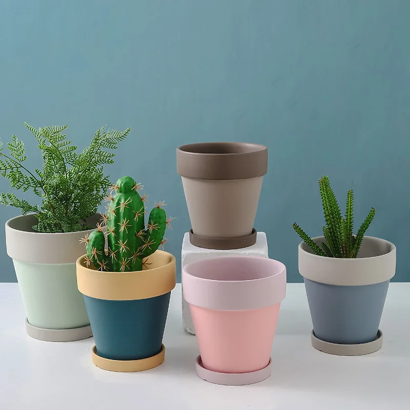 Nordic style fashion simple green plants bonsai large ceramic planter pot with tray