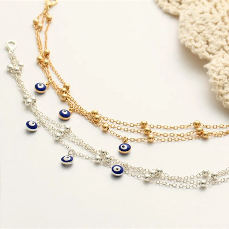 Fashion 2021 Wholesale Three Layer Chain Blue Eye Bead Anklet Turkey Evil Eyes Anklet for Women
