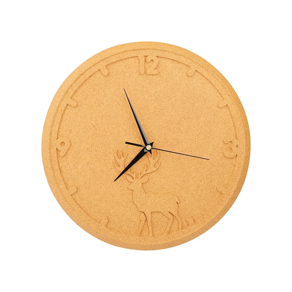 Cheap promotion clock face eco-friendly noiseless deer pattern cork wall clock with custom logo