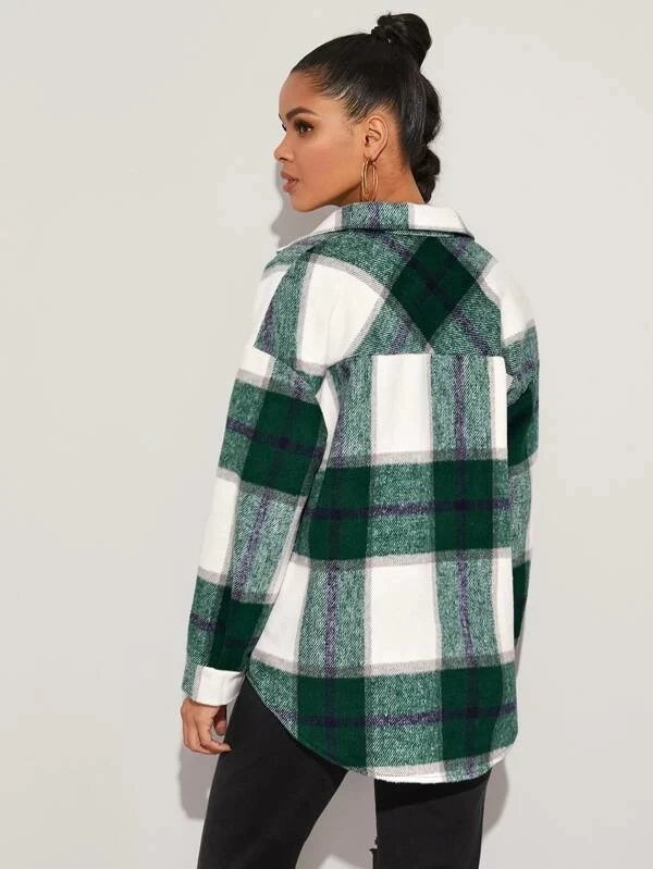 2022 ZY Wholesale Women Plaid Flap Pocket Overshirt Flannel Winter Coat Short Length Button Shirt Jacket