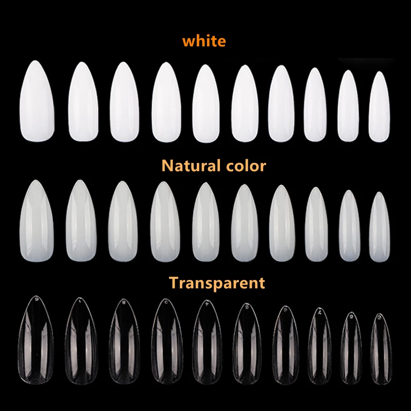 DongGuan 10 size Natural Transparent white 600 pieces almond nail tip with box Full Cover Fingernail ABS Artificial nails