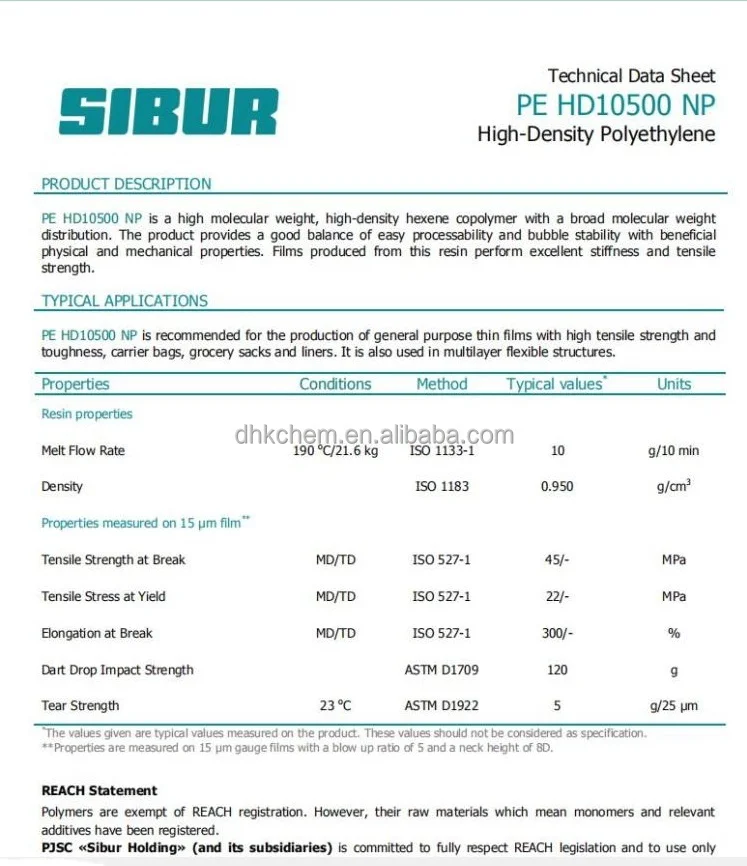 POLYETHEYLENE PE FILM GRADE HDPE FILM  SIBUR 10500 for  Thin Films