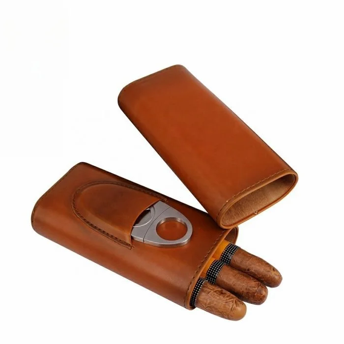 2024 Best Seller Travel 3 Cigar Personalised OEM PU Leather Humidor With Stainless Steel Cutters