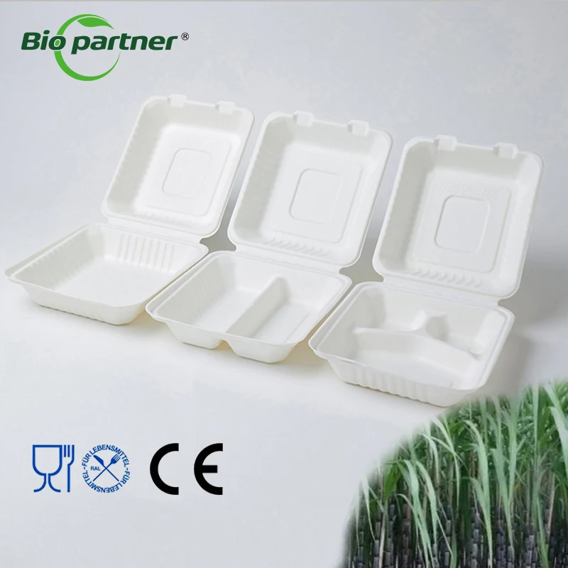 Manufacturer microwave take away Sugarcane Bagasse food container disposable clamshell box packaging fruit for restaurant street