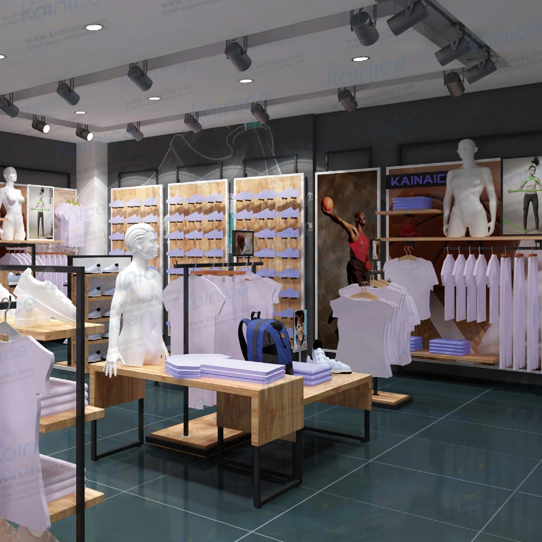 Kainice Latest Stylish Sports Store Interior Fashion Design Layout Custom Retail Display Furniture For New Sport Clothing Shop