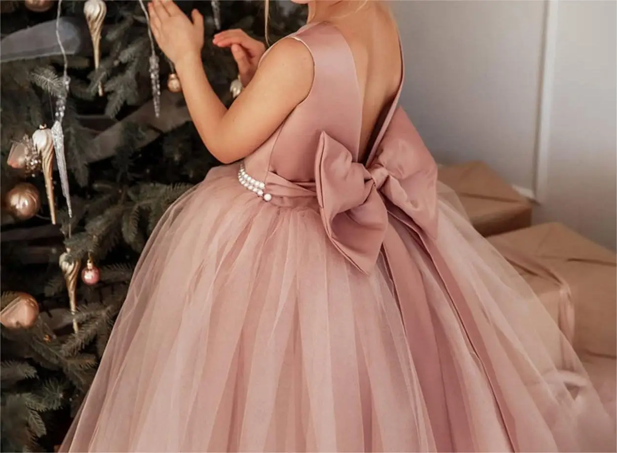 High Quality Girl Wedding Dress Flower Girl Birthday Party Dresses  Satin Tulle Princess Pageant Dress  with Bow-Knot
