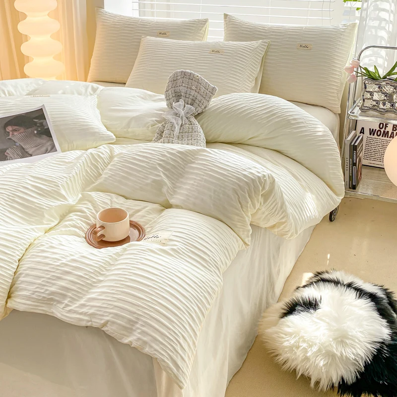 2023 New Leaf Seersucker Washed Cotton Three-piece Four-piece - Bedding Sets Flat Fitted Bedspreads Simple Printed Comforter Set